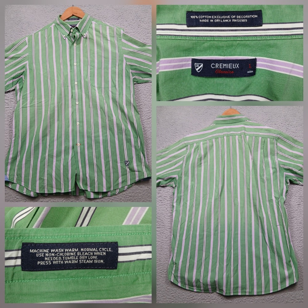 Cremieux Classic Men's Button Down Shirt L Green White Stripe Cotton